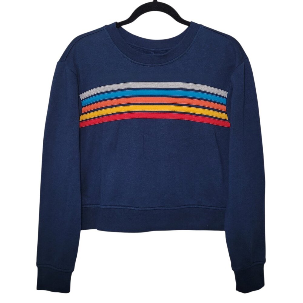 Vanilla Star Navy Blue Retro Rainbow Stripe Cropped Sweatshirt Small